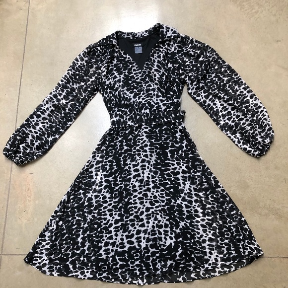 DKNY Faux Wrap Puff Sleeve Animal Print Chiffon Dress - Picture 2 of 8